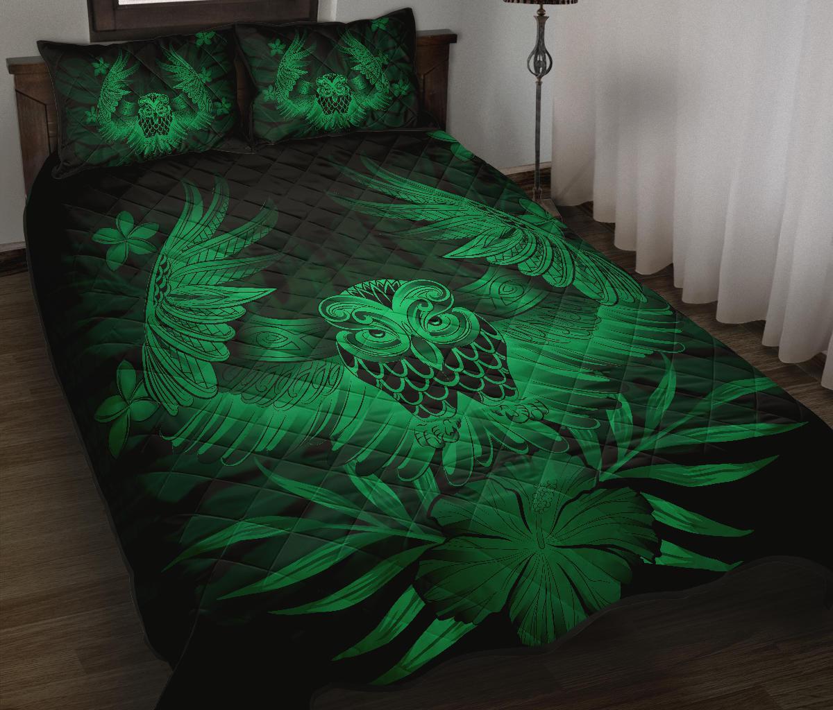 Hawaii Owl Hibiscus Plumeria Quilt Bed Set - Green - Polynesian Pride