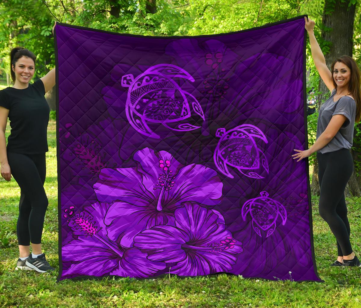 Hawaiian Map Hibiscus Turtle Vintage Polynesian Premium Quilt Purple Purple - Polynesian Pride