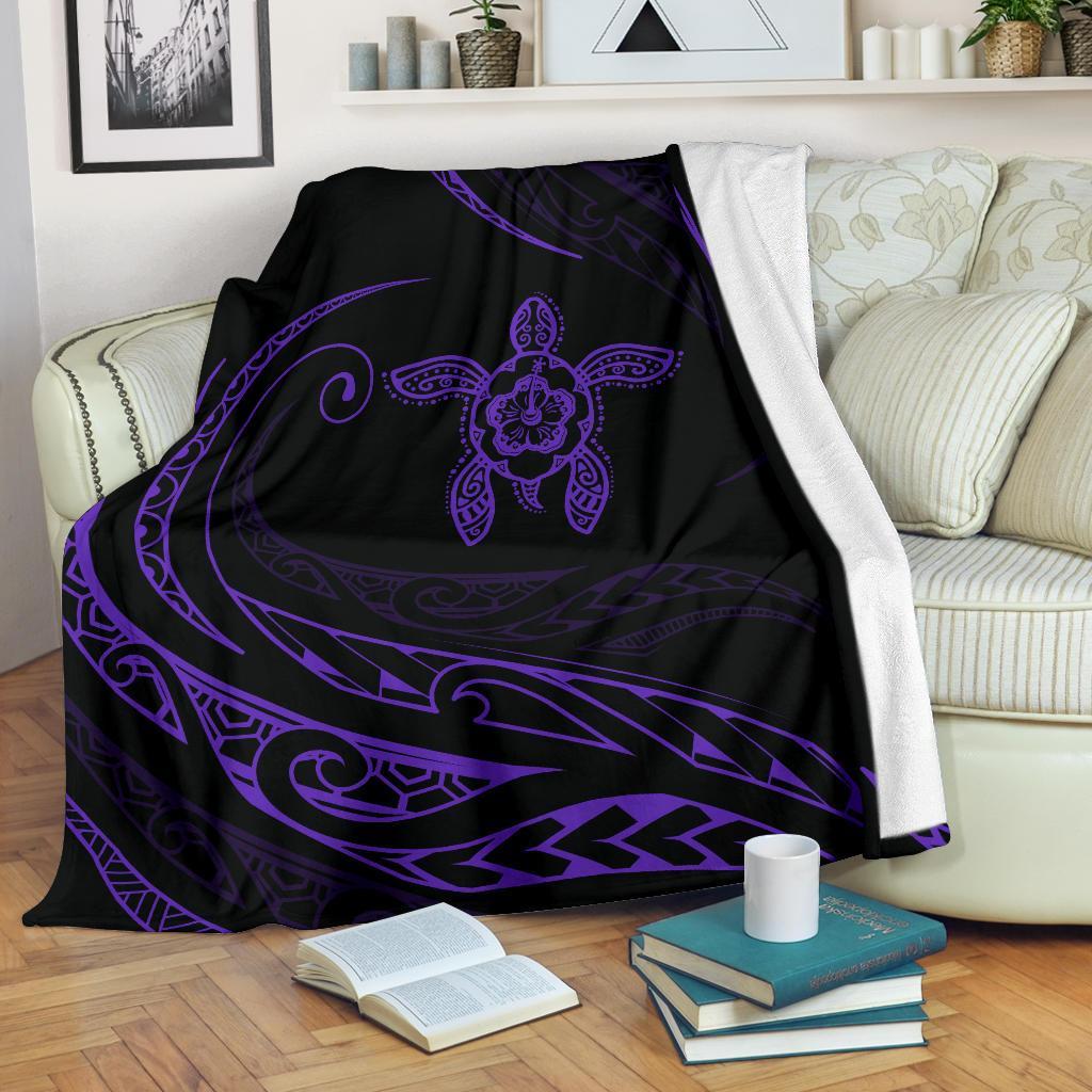 Hawaii Turtle Hibicus Premium Blanket - Frida Style - Purple - Polynesian Pride