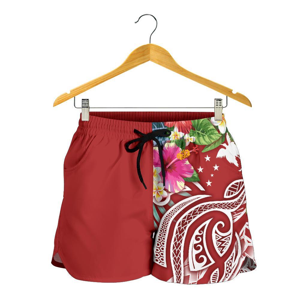 Papua New Guinea Polynesian Women's Shorts - Summer Plumeria (Red) - Polynesian Pride