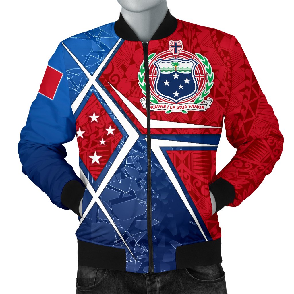 Samoa Men's Bomber Jacket - Samoa Flag with Polynesian Patterns Blue - Polynesian Pride