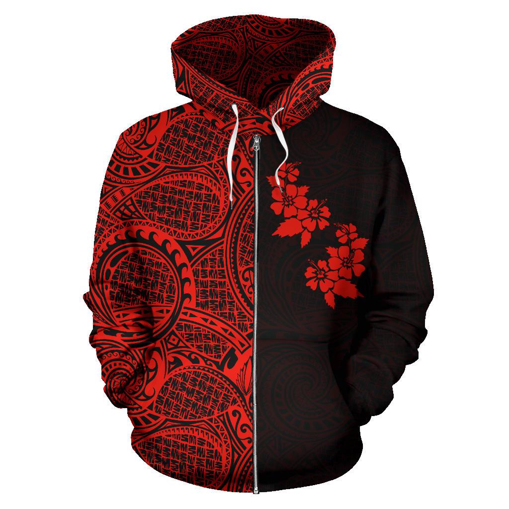 Hibiscus Hoodie Zip up Polynesian Half Style Red - Polynesian Pride
