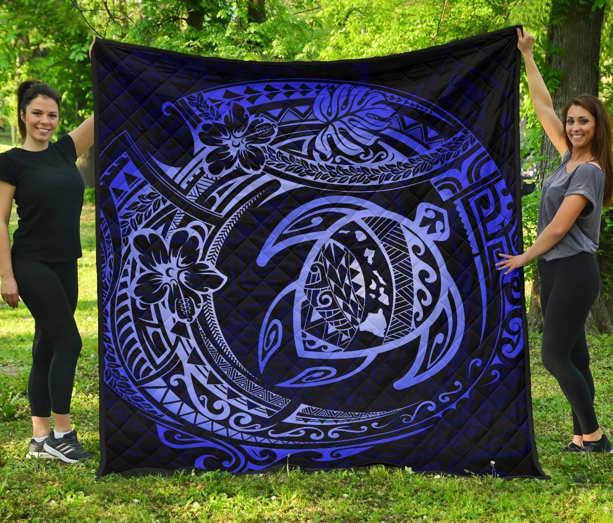 Hawaiian Turtle Polynesian Blue Premium Quilt Blue - Polynesian Pride
