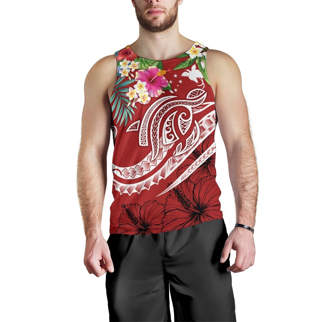 Papua New Guinea Polynesian Men's Tank Top - Summer Plumeria (Red) - Polynesian Pride