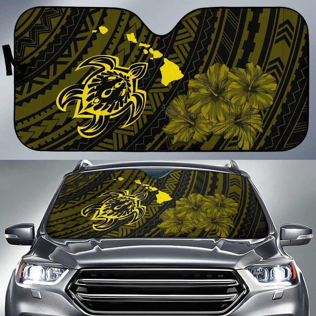 Hawaiian Hibiscus Sea Turtle Swim Polynesian Car Sun Shade - AH - Yellow Auto Sun Shade Universal Fit Yellow - Polynesian Pride