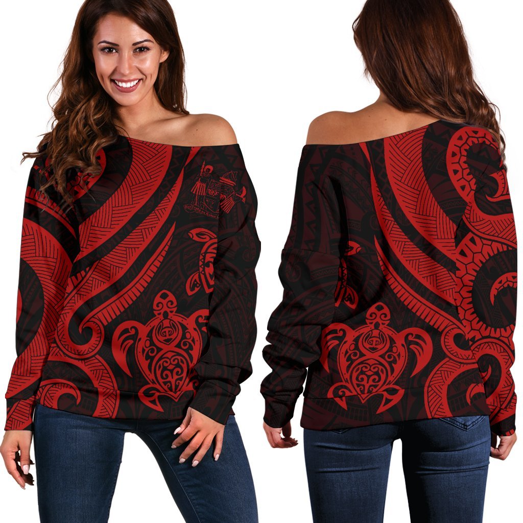 Fiji Polynesian Women Of Shoulder Sweater - Red Tentacle Turtle Crest Red - Polynesian Pride