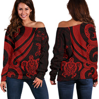 Fiji Polynesian Women Of Shoulder Sweater - Red Tentacle Turtle Crest Red - Polynesian Pride