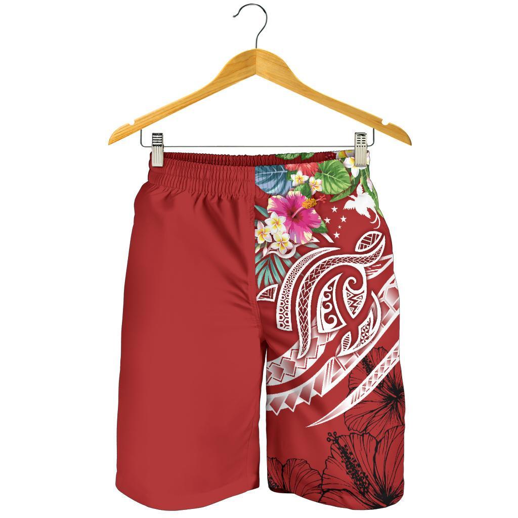 Papua New Guinea Polynesian Men's Shorts - Summer Plumeria (Red) - Polynesian Pride