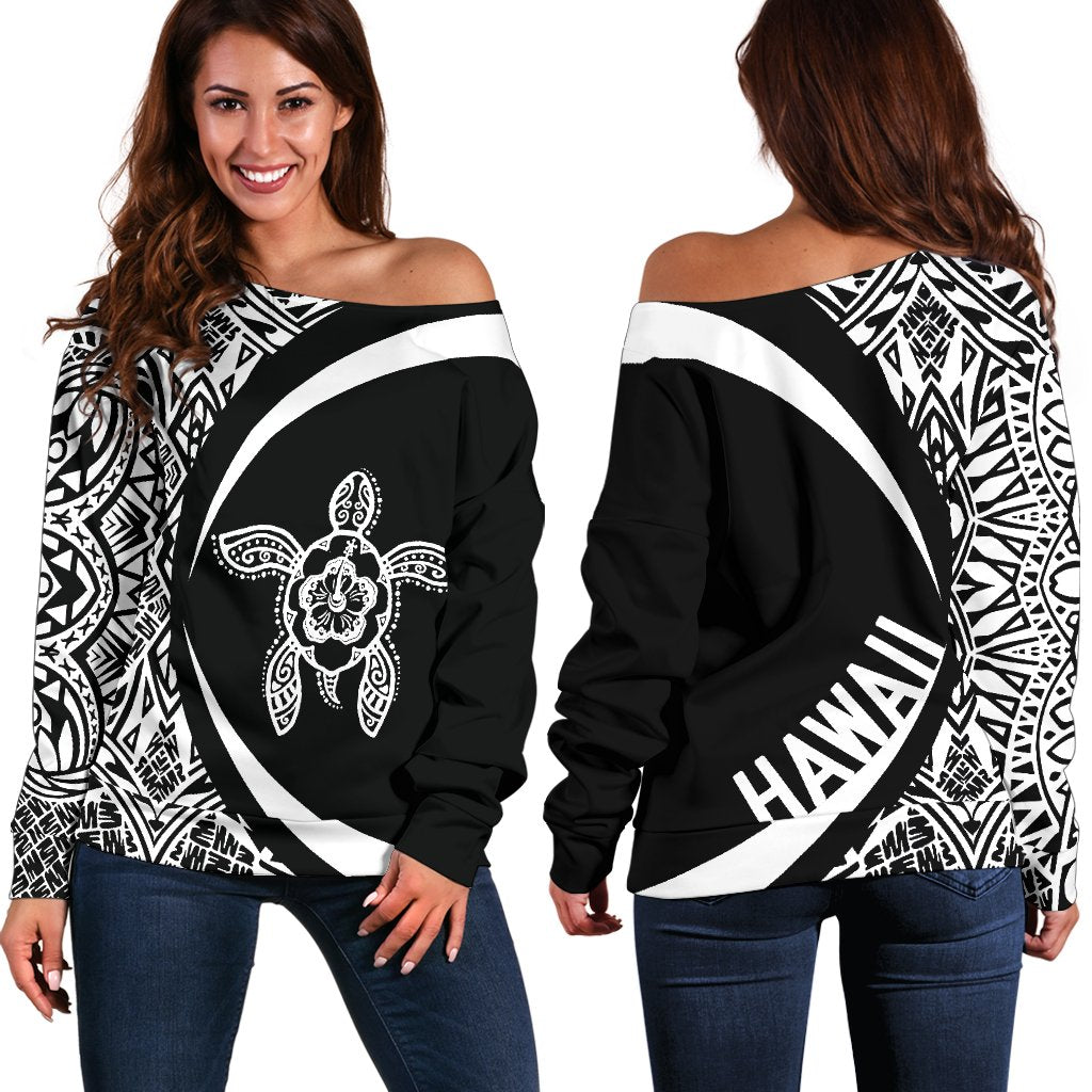 Hawaii Turtle Polynesian Women's Off Shoulder Sweater - Circle Style - AH - Whitle White - Polynesian Pride