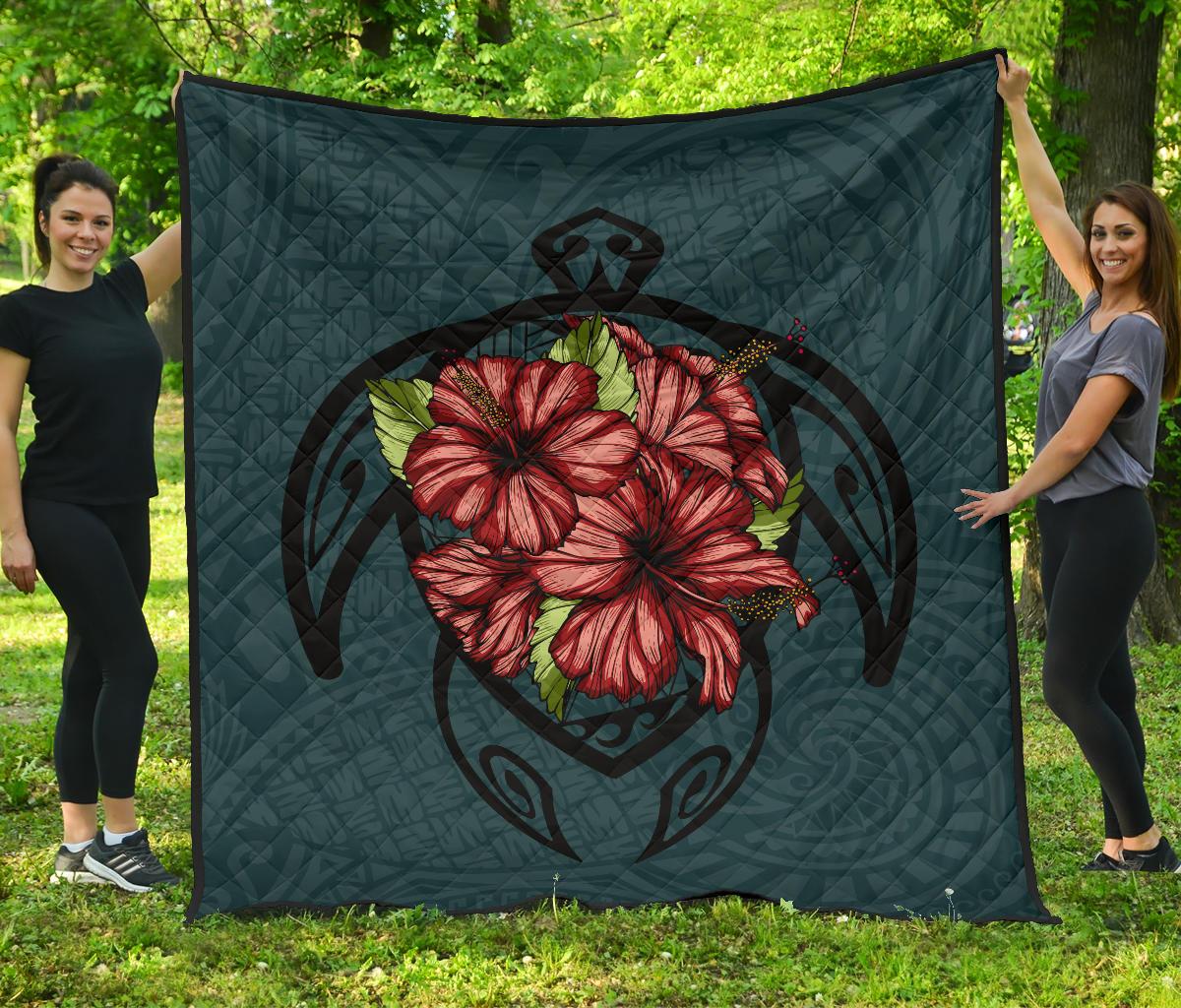 Hawaii Turtle Hibiscus Polynesian Premium Quilt Green - Polynesian Pride