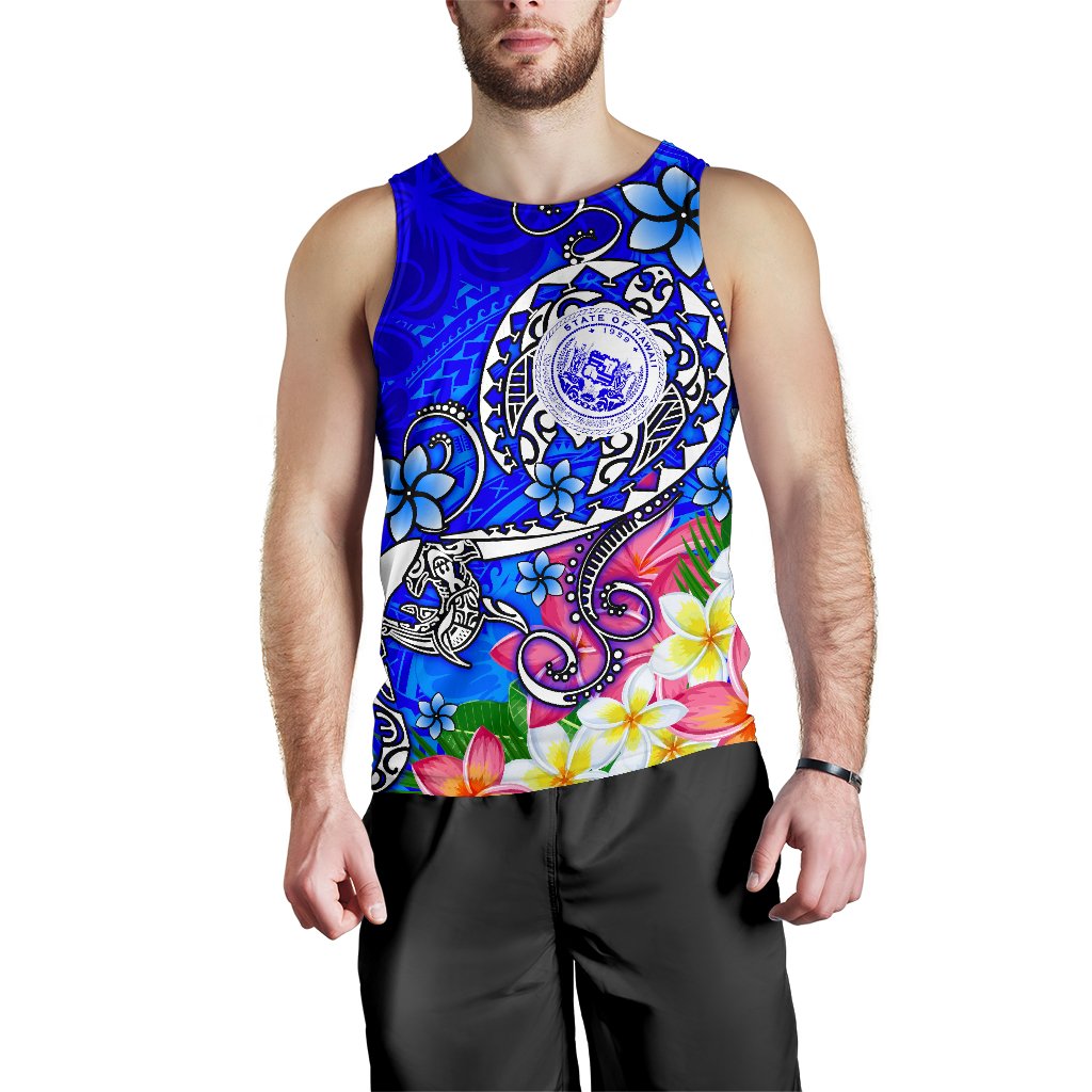 Hawaii Polynesian Men's Tank Top - Hawaii Seal With Turtle Plumeria (Blue) - Polynesian Pride