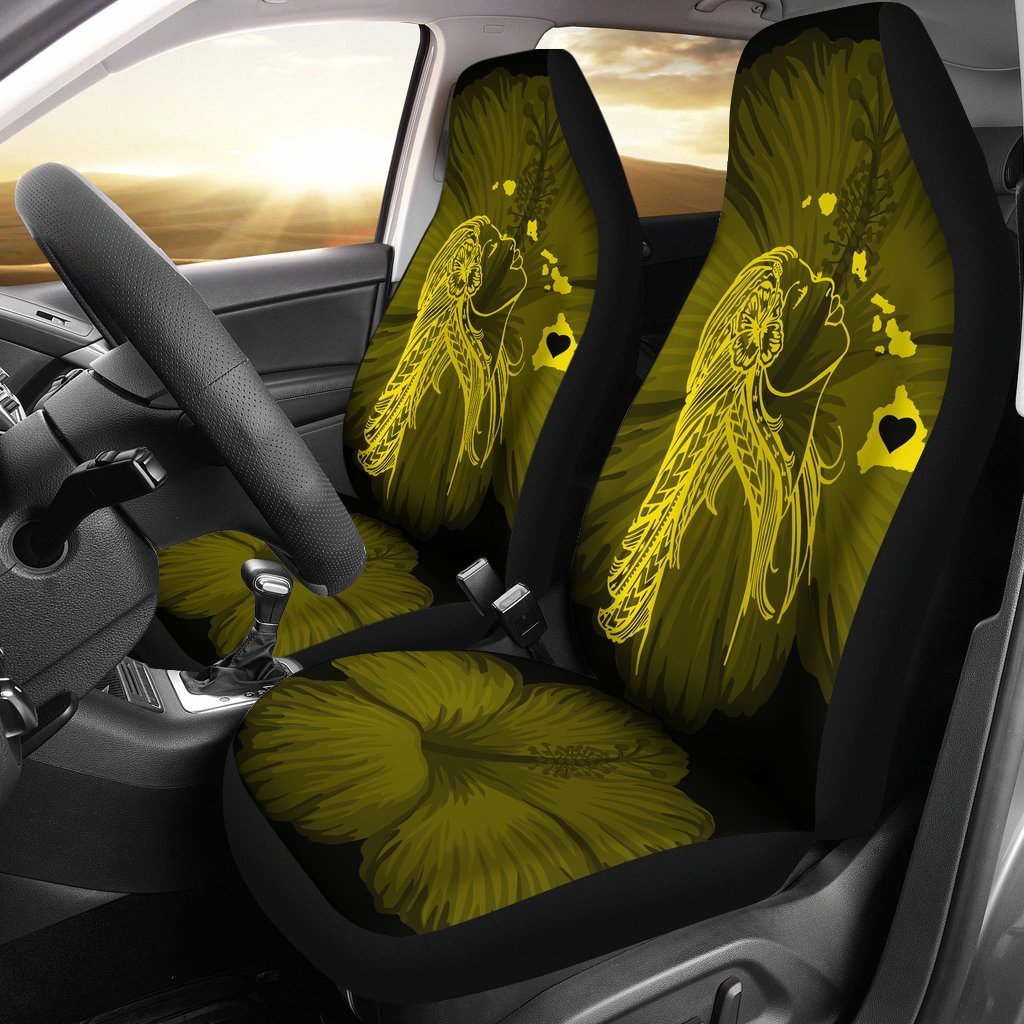 Hawaii Car Seat Covers - Hawaii Hula Girl Hibiscus Map Yellow - Polynesian Pride