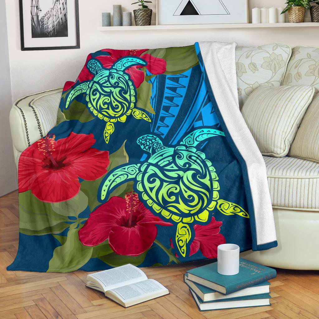 Hawaii Turtle Hibiscus Polynesian Premium Blanket - Bana Style White - Polynesian Pride