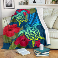 Hawaii Turtle Hibiscus Polynesian Premium Blanket - Bana Style White - Polynesian Pride