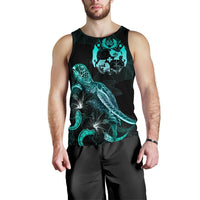 Tonga Polynesian Men Tank Top - Turtle With Blooming Hibiscus Tuquoise - Polynesian Pride