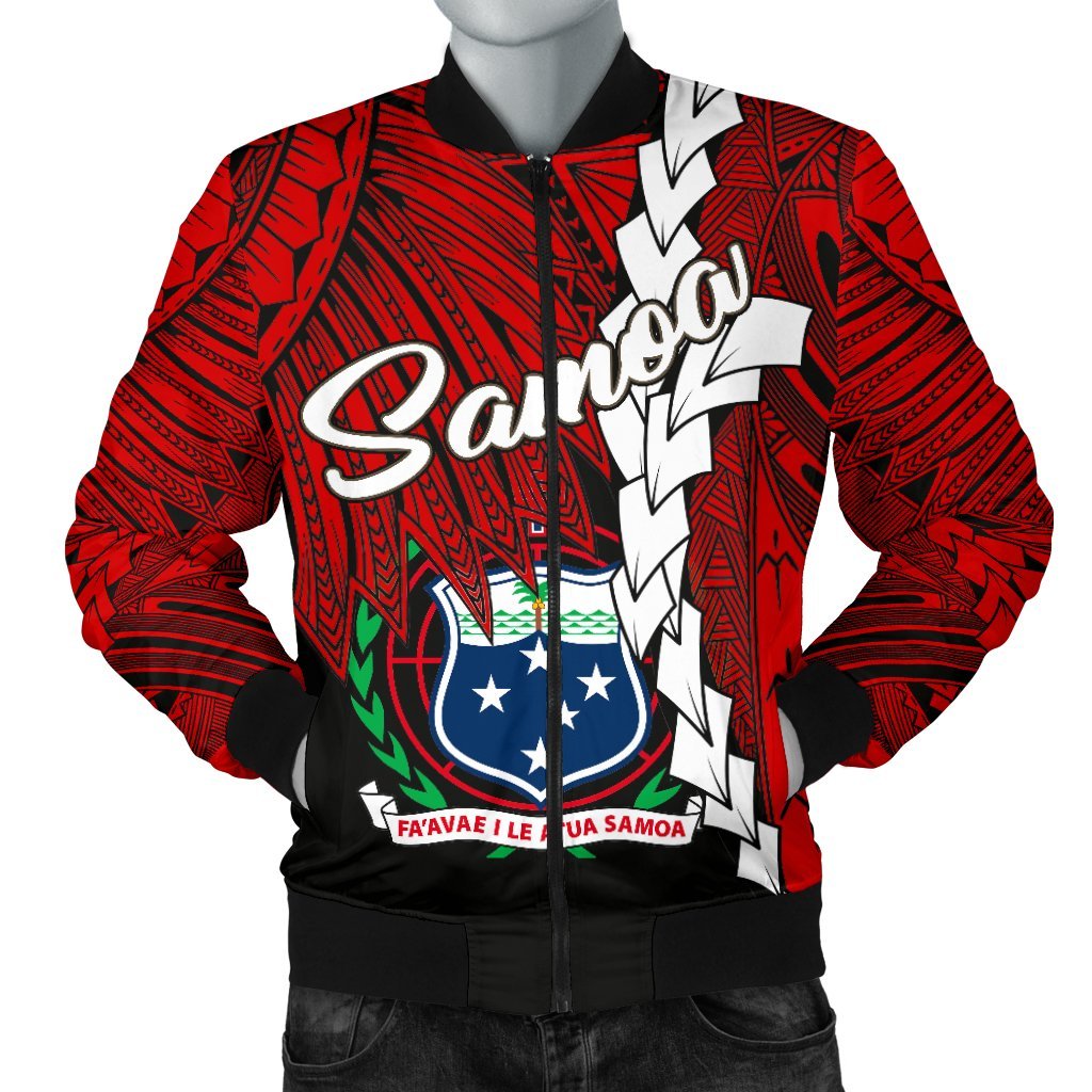 Samoa Polynesian Men's Bomber Jacket - Tribal Wave Tattoo Flag Color Red - Polynesian Pride
