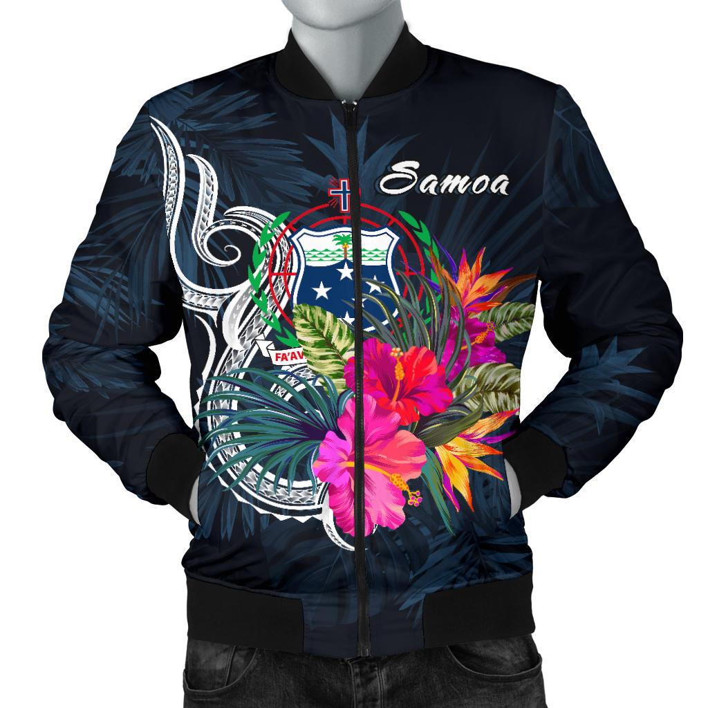Samoa Polynesian Men's Bomber Jacket - Tropical Flower Blue - Polynesian Pride
