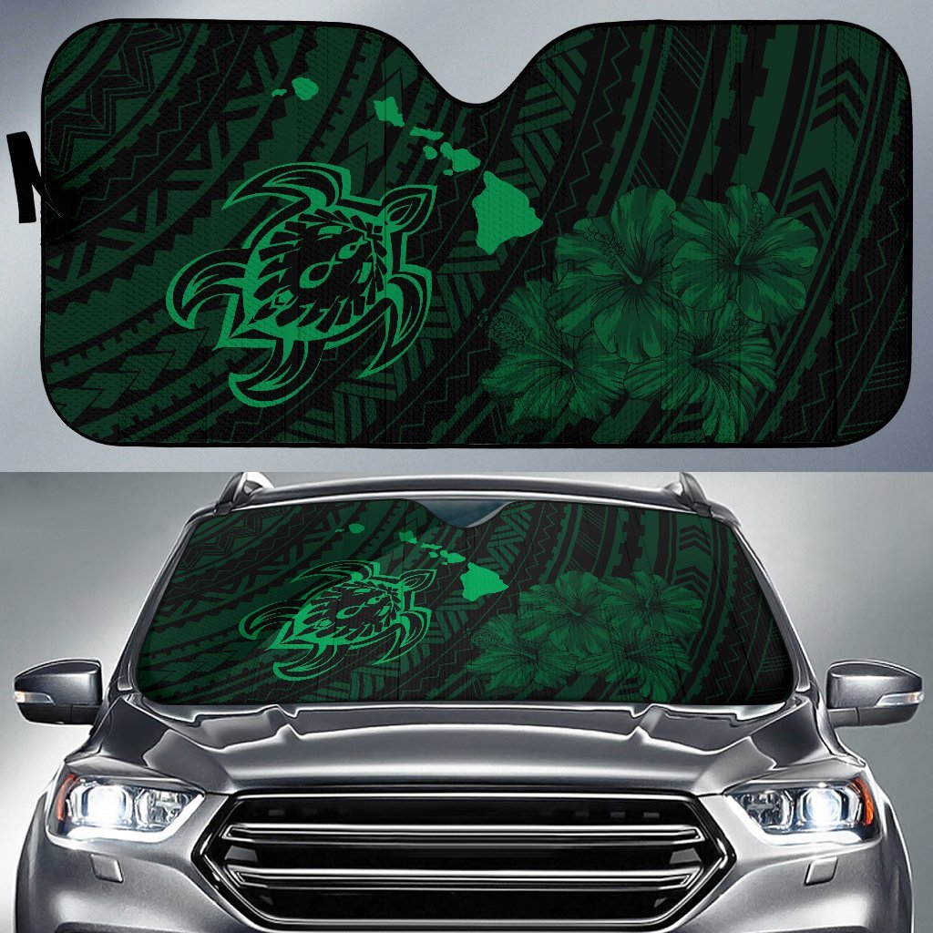 Hawaiian Hibiscus Sea Turtle Swim Polynesian Car Sun Shade - AH - Green Auto Sun Shade Universal Fit Green - Polynesian Pride