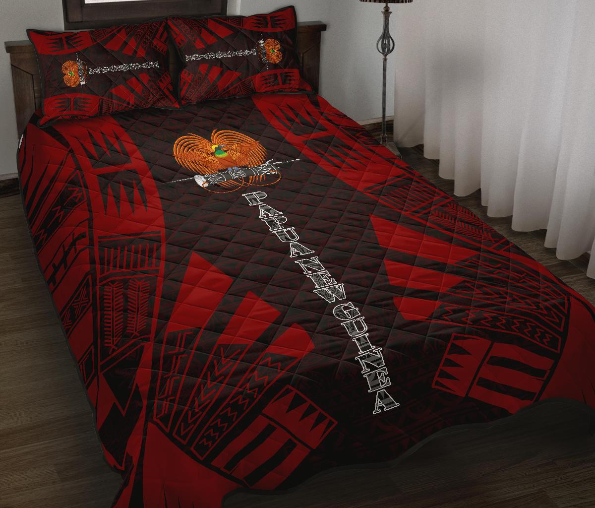 Papua New Guinea Quilt Bed Set - Papua New Guinea Coat Of Arms & Polynesian Red Tattoo Style - Polynesian Pride