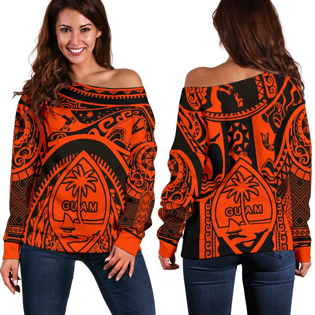 Polynesian Off Shoulder Sweaters - Guam Flag, Seal with Maui Moana Tattoo - Polynesian Pride