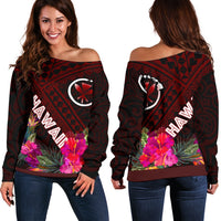 Hawaii Women's Off Shoulder Sweater - Kanaka Maoli With Hibiscus On Polynesian Patterns (RED) - Polynesian Pride