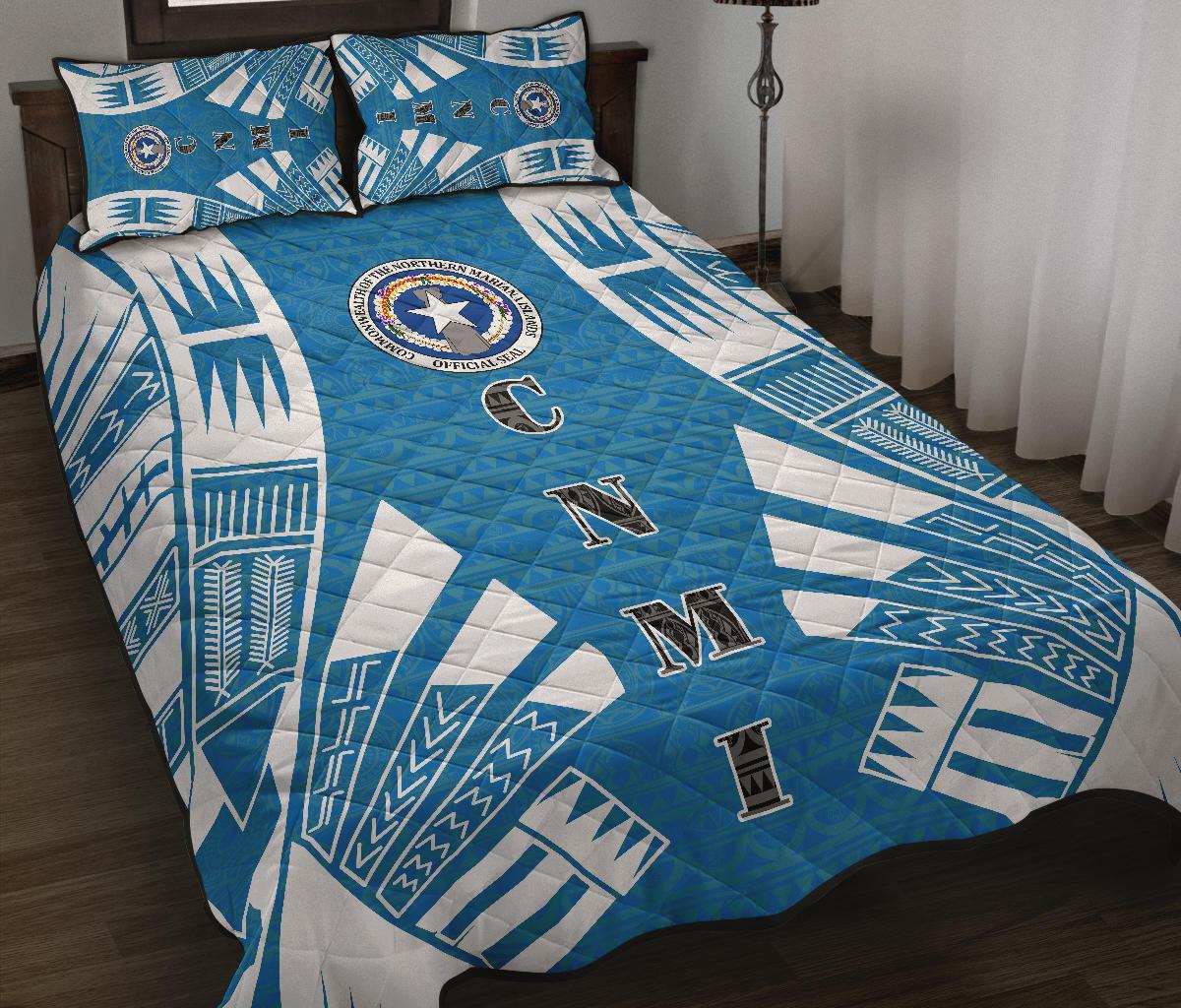 Northern Mariana Islands Quilt Bed Set - Northern Mariana Islands Seal & Polynesian White Tattoo Style - Polynesian Pride