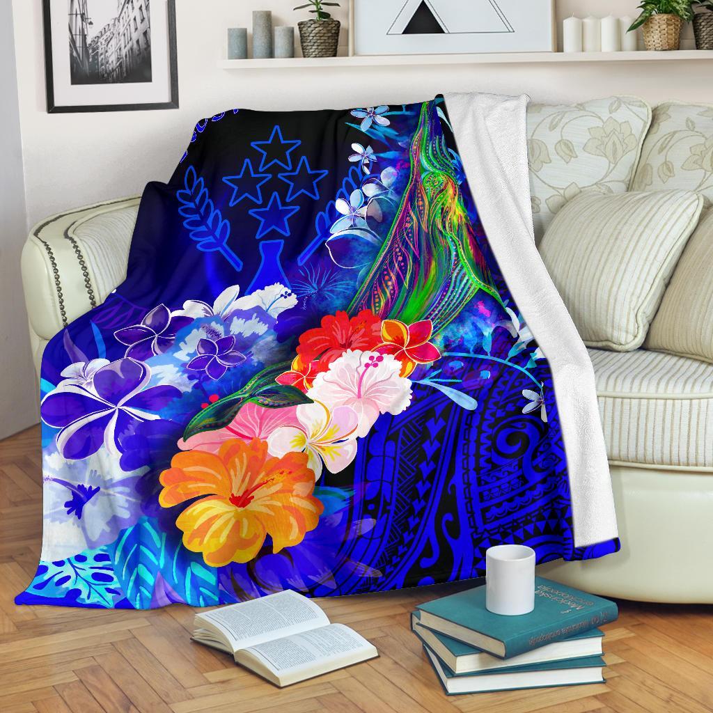 Kosrae Premium Blanket - Humpback Whale with Tropical Flowers (Blue) White - Polynesian Pride