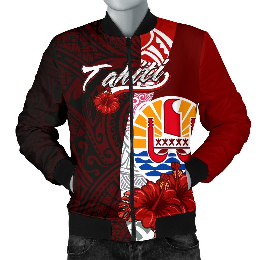 Tahiti Polynesian Men's Bomber Jacket - Coat Of Arm With Hibiscus Red - Polynesian Pride