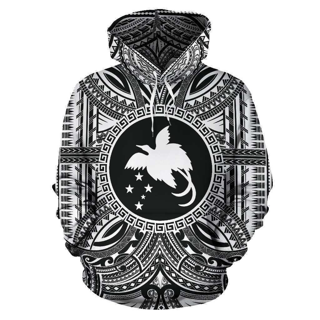 Papua New Guinea 1 ll Over Hoodie Papua New Guinea 1 Coat of rms Polynesian White Black Unisex Black - Polynesian Pride