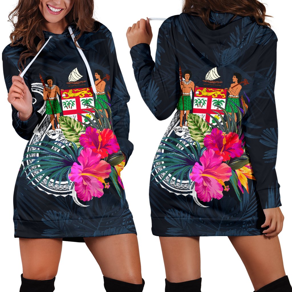 Fiji Polynesian Women's Hoodie Dress - Tropical Flower Blue - Polynesian Pride