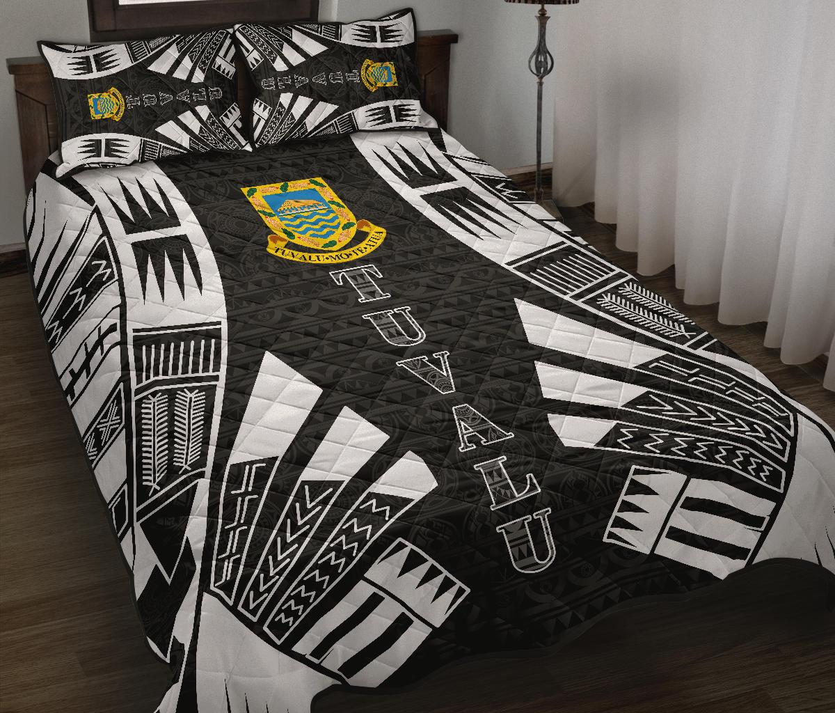Tuvalu Quilt Bed Set - Tuvalu Coat Of Arms White Tattoo Style - Polynesian Pride