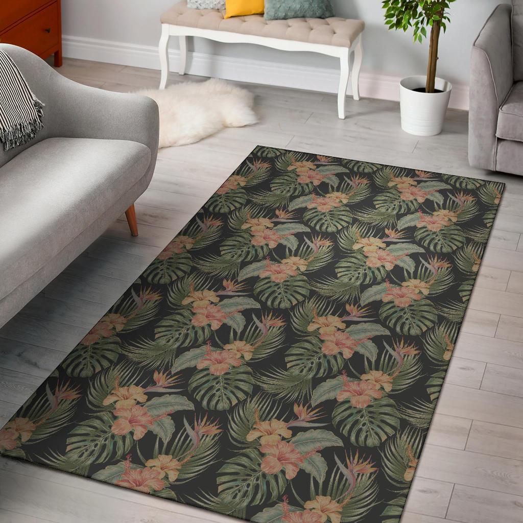 Tropical Hibiscus Monstera Leaf Rug Black - Polynesian Pride