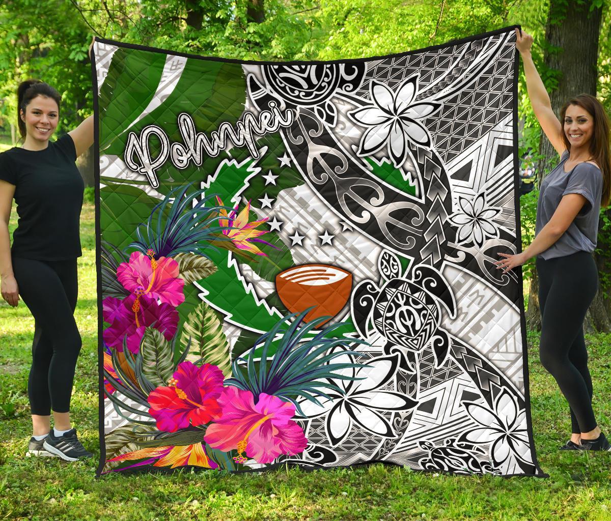 Pohnpei Premium Quilt White - Turtle Plumeria Banana Leaf - Polynesian Pride