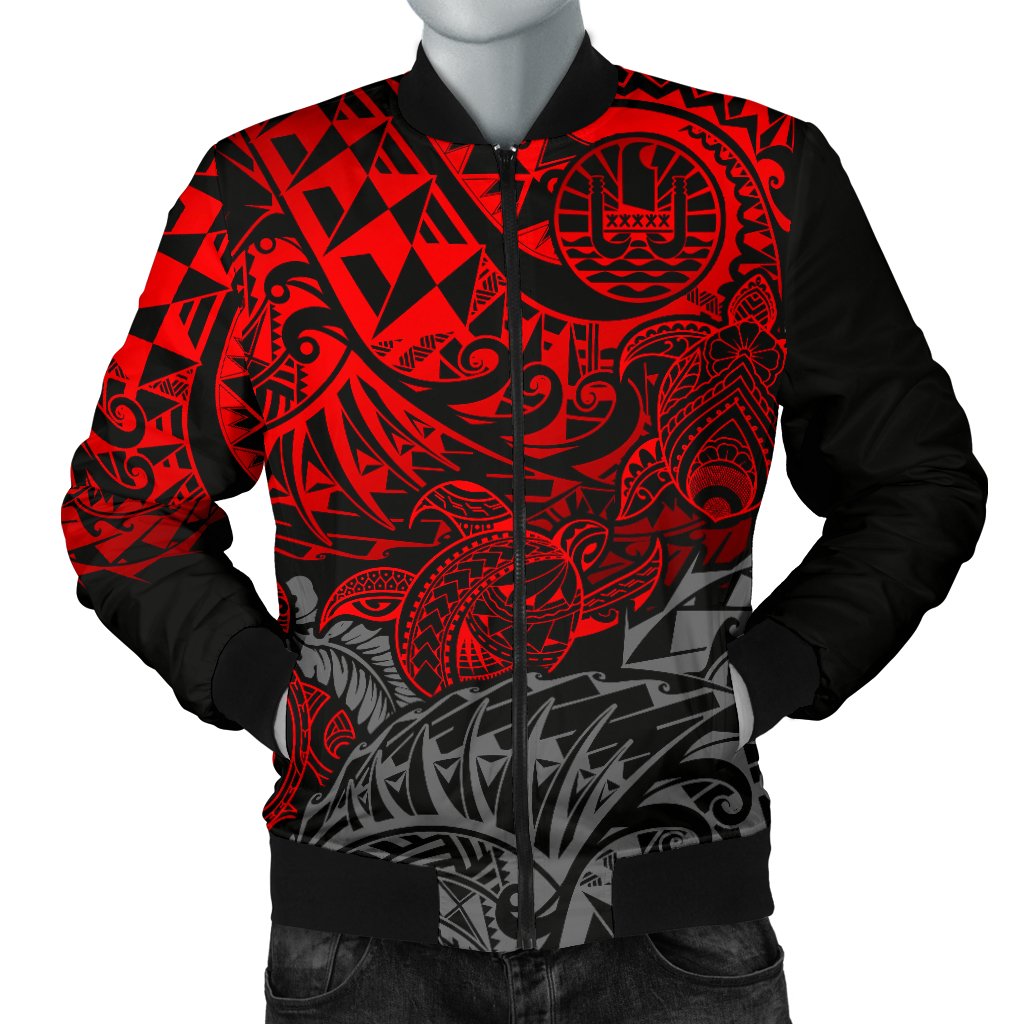 Tahiti Polynesian Men Bomber Jacket - Red Turtle Hibiscus Flowing - Polynesian Pride