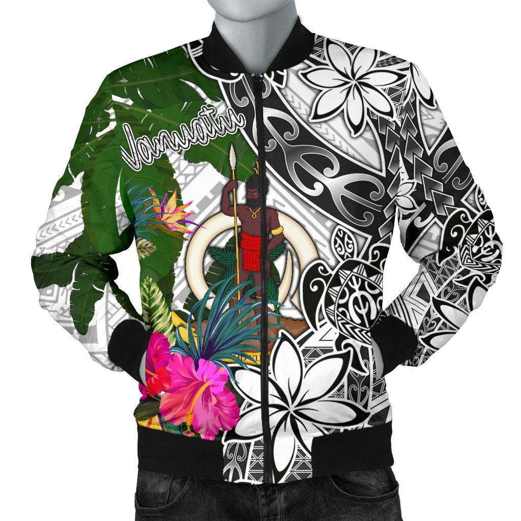 Vanuatu Men's Bomber Jacket White - Turtle Plumeria Banana Leaf White - Polynesian Pride