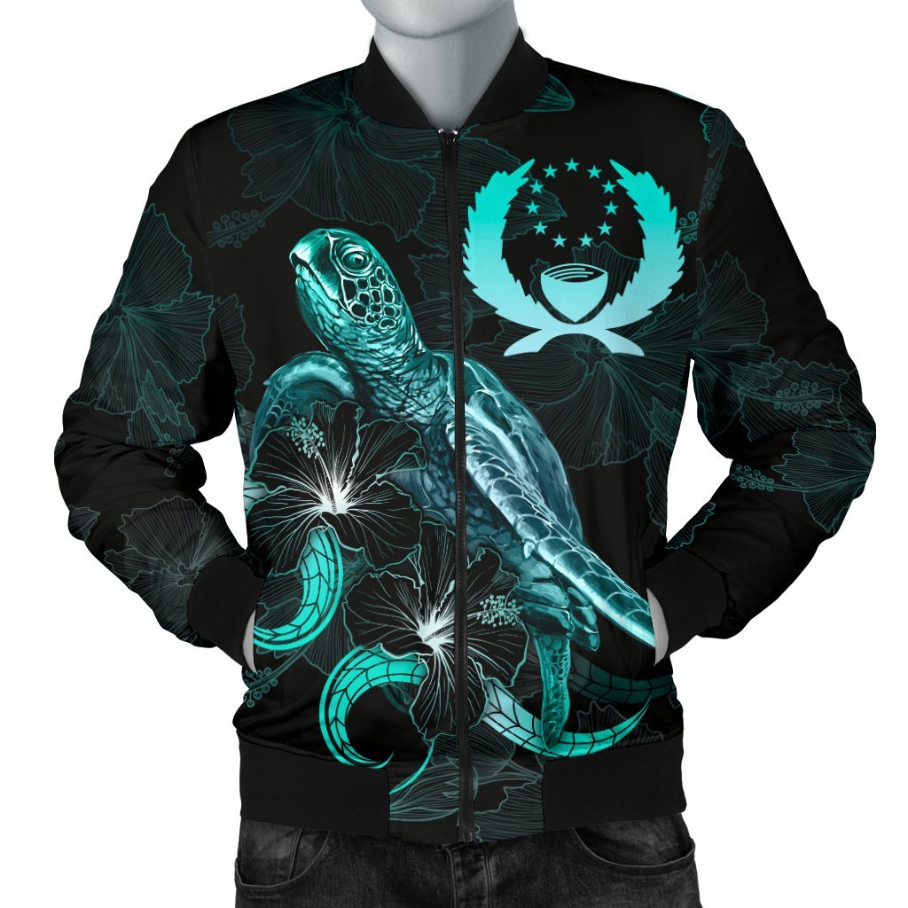 Pohnpei Polynesian Men's Bomber Jacket - Turtle With Blooming Hibiscus Turquoise Turquoise - Polynesian Pride