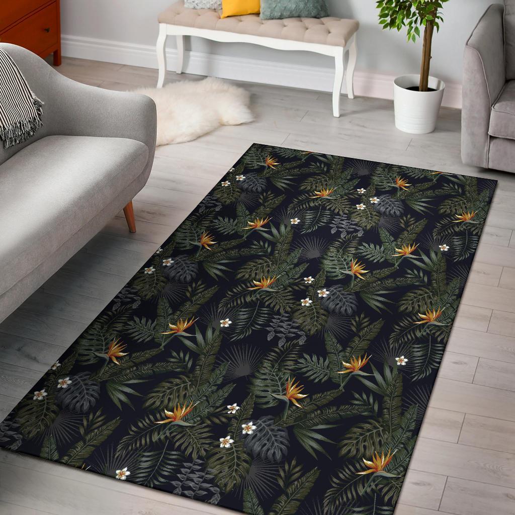 Tropical Leaves And Flowers In The Night Style Rug Black - Polynesian Pride