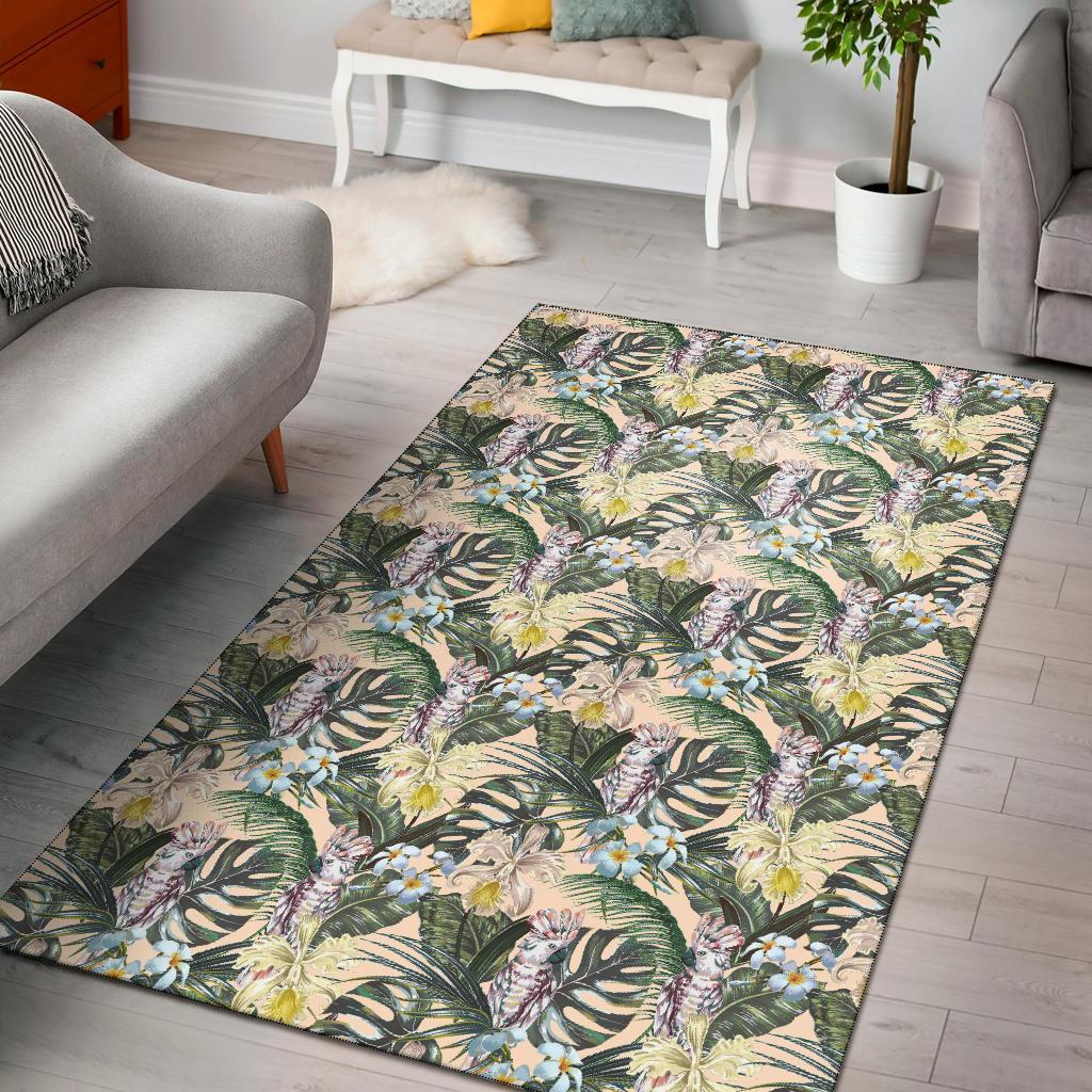 Tropical Jungle Parrots And Flamingos Rug Black - Polynesian Pride