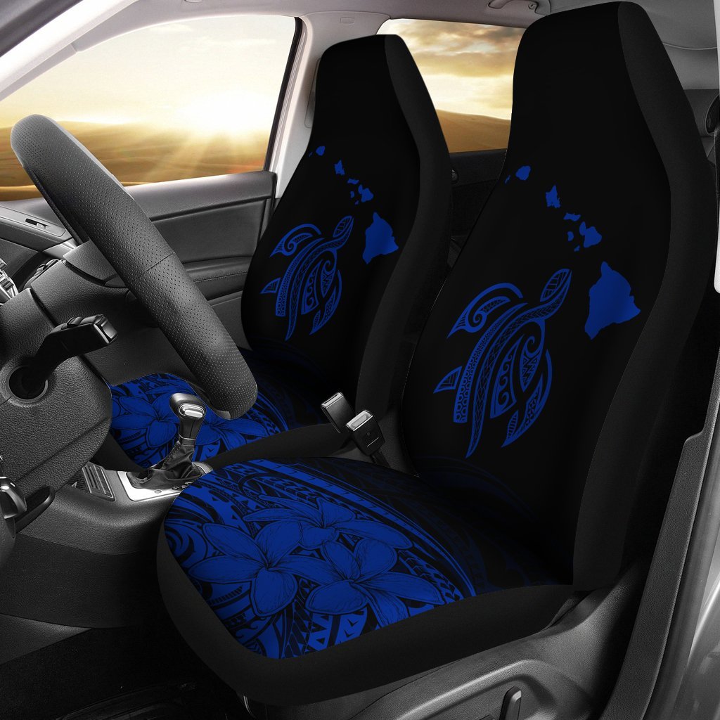 Hawaii Map Plumeria Polynesian Blue Turtle Car Set Covers - Polynesian Pride