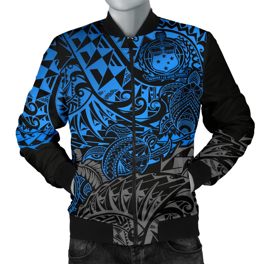 Samoa Polynesian Bomber Jacket (Men) - Blue Turtle Flowing Blue - Polynesian Pride