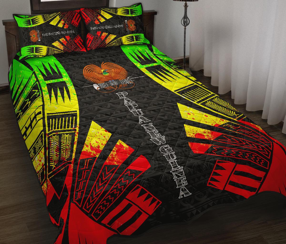 Papua New Guinea Quilt Bed Set - Papua New Guinea Coat Of Arms & Polynesian Reggae Tattoo Style - Polynesian Pride