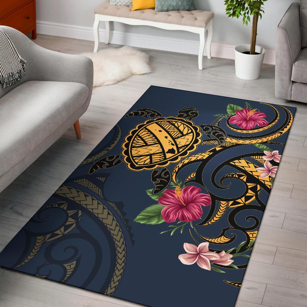Hawaii Polynesian Turtle Hibiscus Plumeria Rug - Nane Style Black - Polynesian Pride