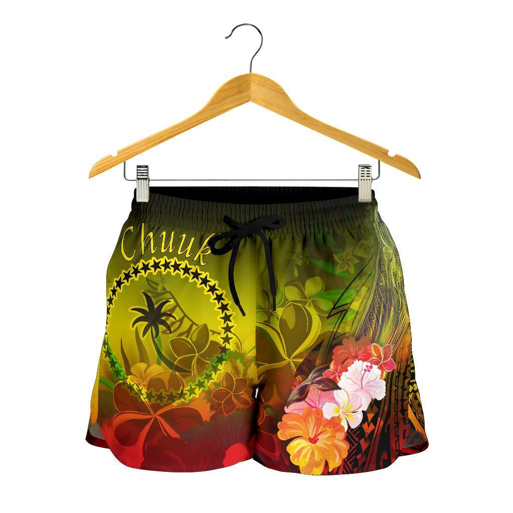 Chuuk Women's Shorts - Humpback Whale with Tropical Flowers (Yellow) - Polynesian Pride