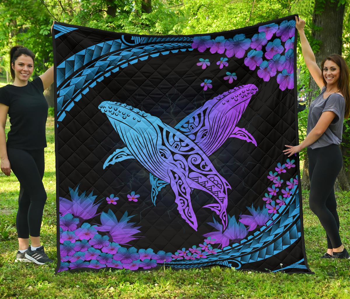Hawaii Whale Polynesian Hibiscus Premium Quilt - Lae Style Black - Polynesian Pride