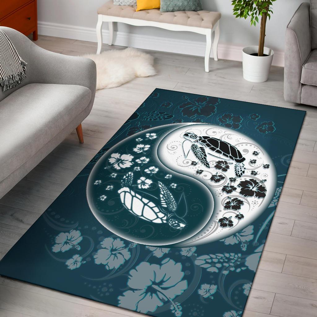 Yinyang Turtle Hibiscus Area Rug AH Black - Polynesian Pride