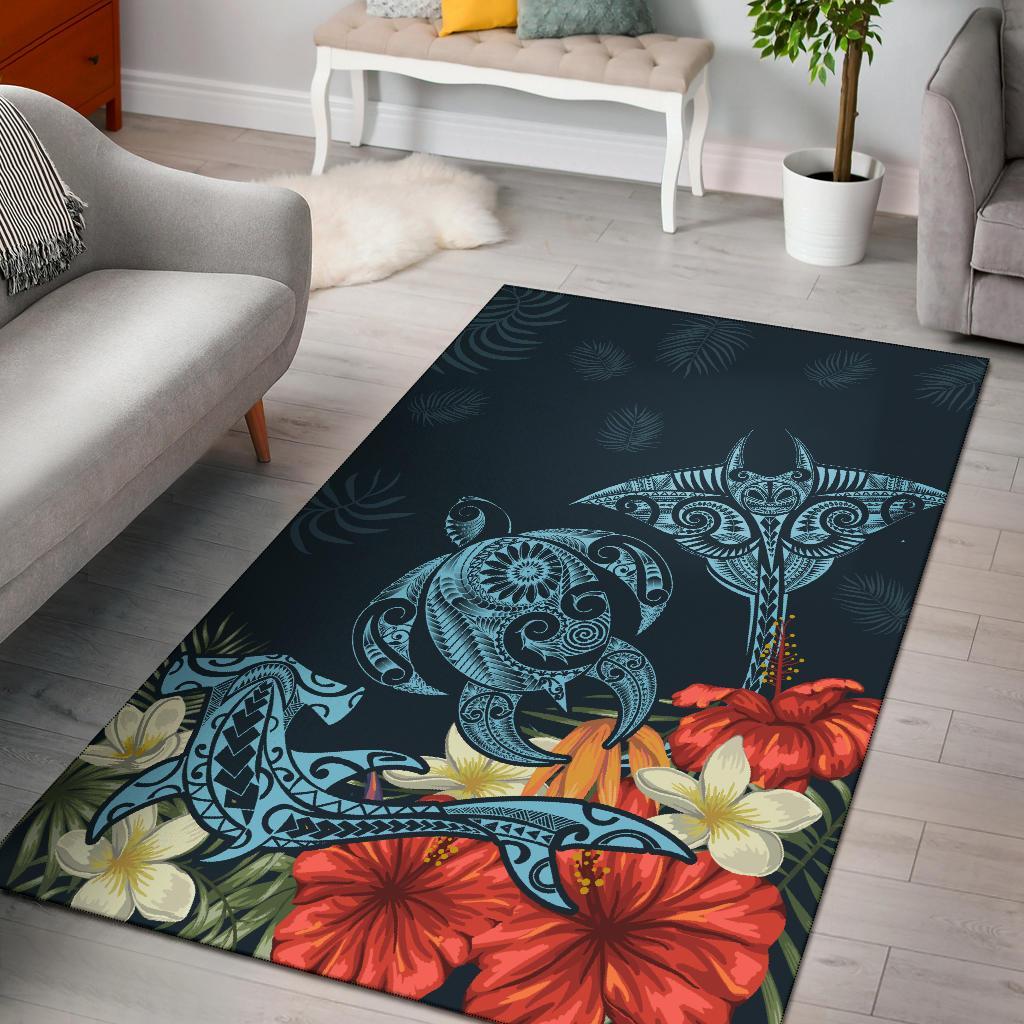 Hawaii Turtle Shark Manta Ray Hibiscus Plumeria Rug Black - Polynesian Pride