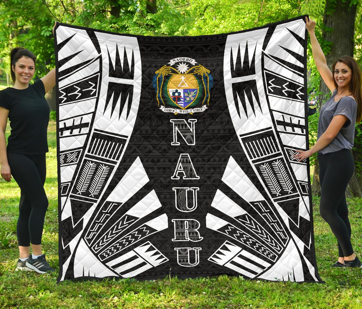 Nauru Premium Quilt - Nauru Coat Of Arms Polynesian White Tattoo Black - Polynesian Pride
