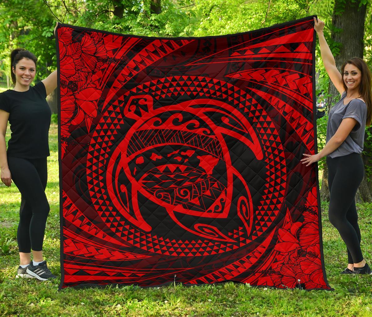 Hawaiian Kanaka Honu Hibiscus Tornando Red Polynesian Premium Quilt Red - Polynesian Pride