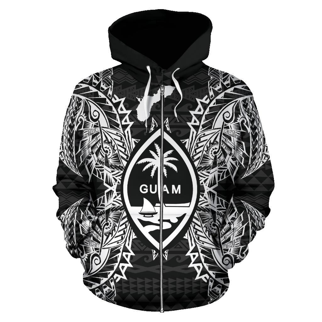 Guam Polynesian All Over Zip up Hoodie Map Black - Polynesian Pride