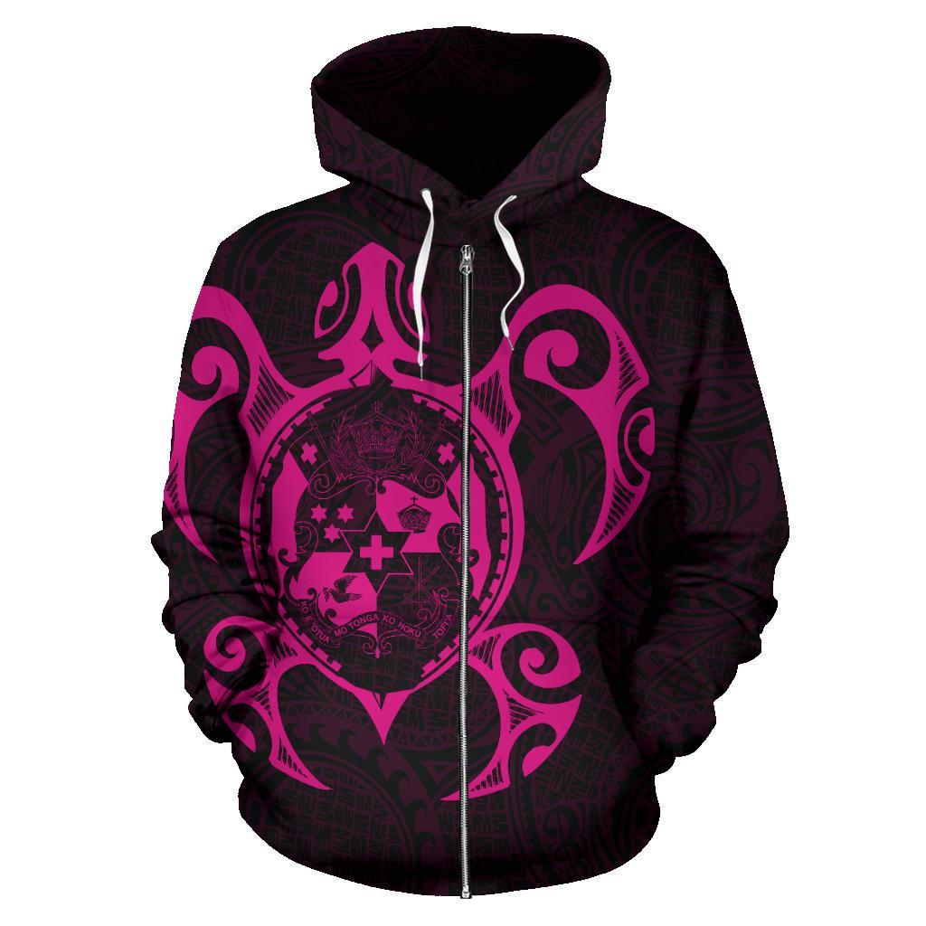 Tonga Polynesian Zip up Hoodie Tonga Coat of Arms In Turtle Map Pink - Polynesian Pride